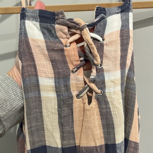 Bella Dahl Dress Lace-Up Back Plaid Midi pink and blue Size Small - Picture 3 of 9